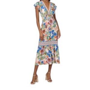 Adrianna By Adrianna Papell Floral Smocked  Waist Flutter Sleeved Dress Size 14